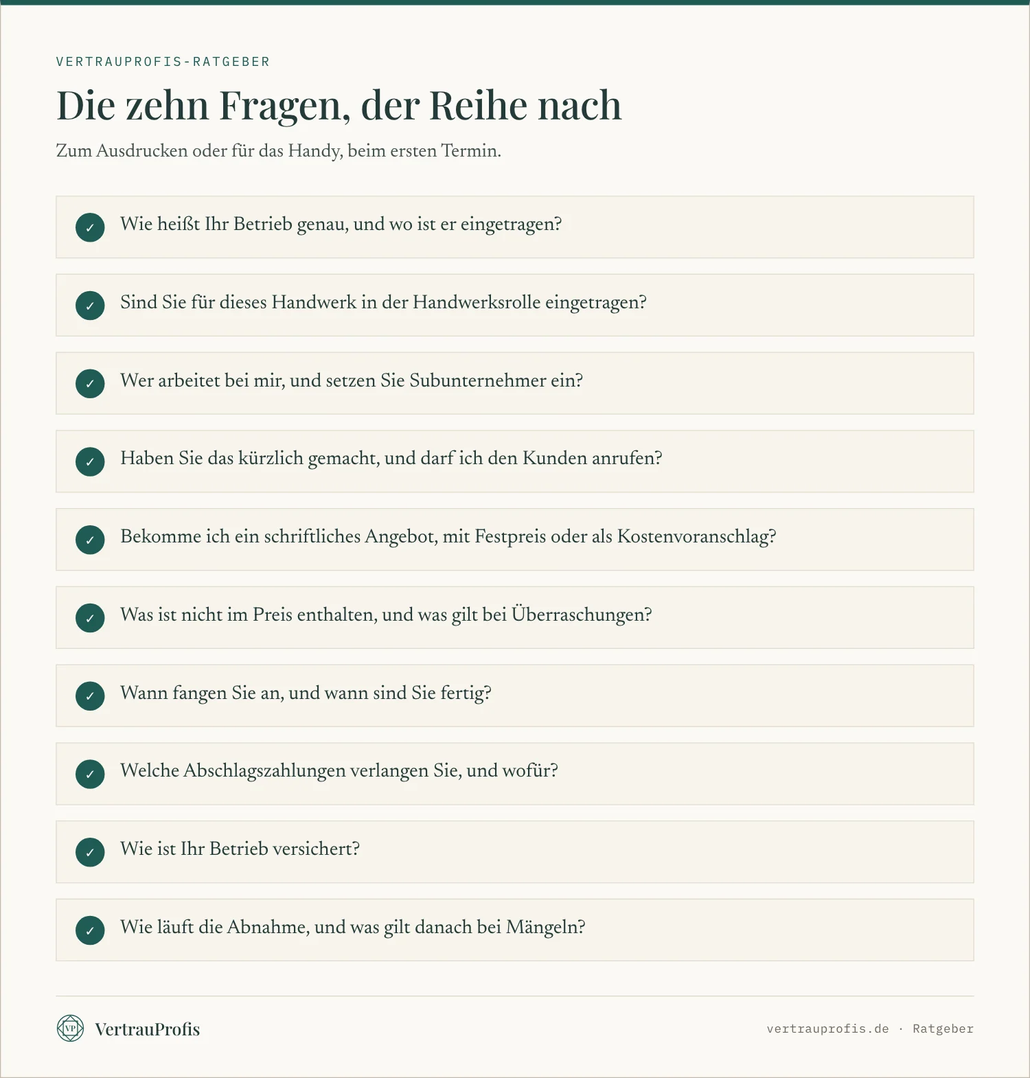 Liste der zehn Fragen, die Sie einem Handwerker beim ersten Termin stellen sollten