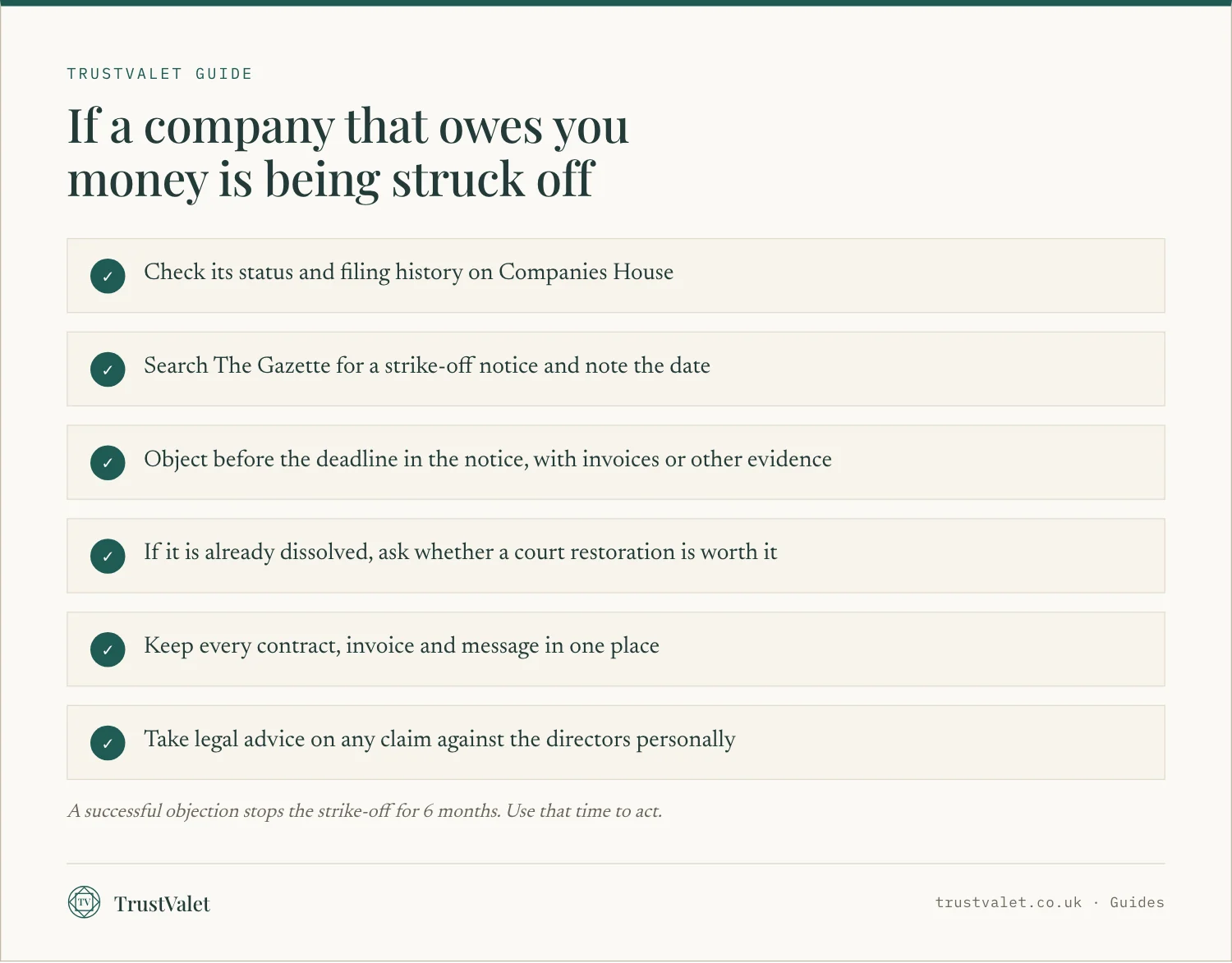Checklist of six steps to take if a company that owes you money is being struck off