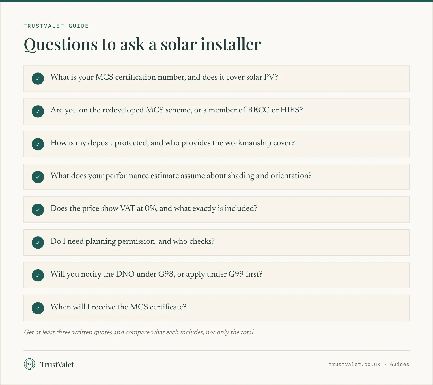 Checklist of eight questions to ask a solar panel installer before signing