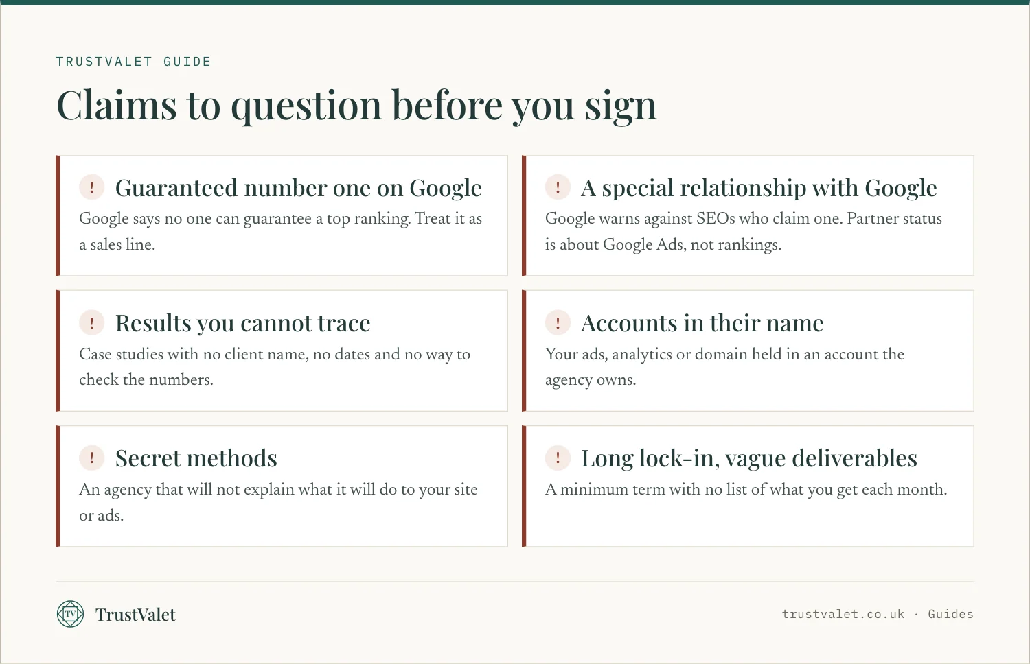 Infographic listing six claims to question before signing with a marketing agency